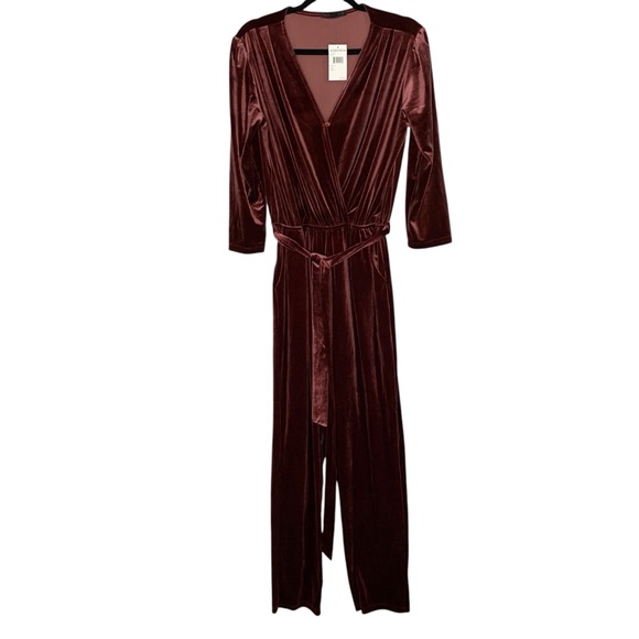 Nordstrom Fraiche by J NWT Berry velvet long sleeve vneck  jumpsuit. Size L - Picture 2 of 14